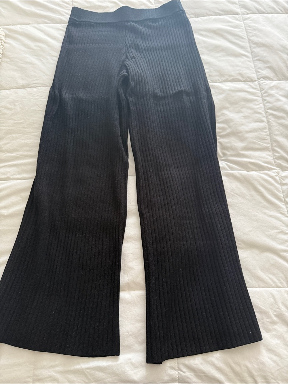 Marled Black Ribbed Wide-Leg Knit Pants